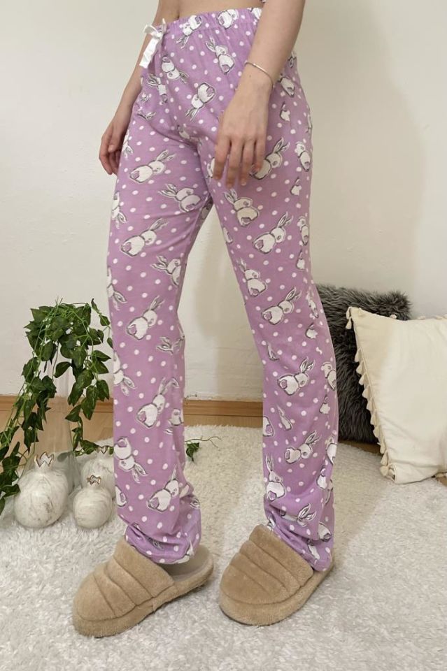 Betimoda Kadın Pijama Altı Kurdeleli Beyaz Siyah Kare Büyük Tavşan Lila - S