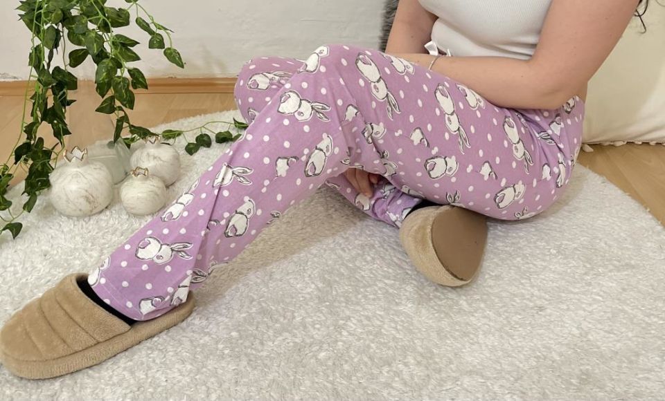 Betimoda Kadın Pijama Altı Kurdeleli Beyaz Siyah Kare Büyük Tavşan Lila - S