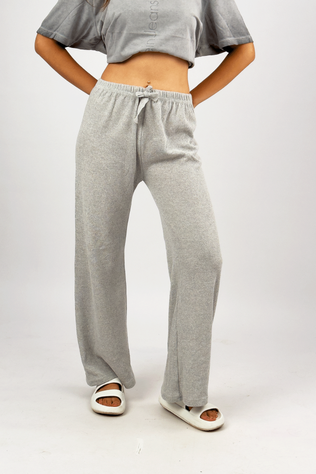 Kadın Lastikli Bel Dökümlü Yumuşak Palazzo Pantolon Waffle Kumaş GRİ - L