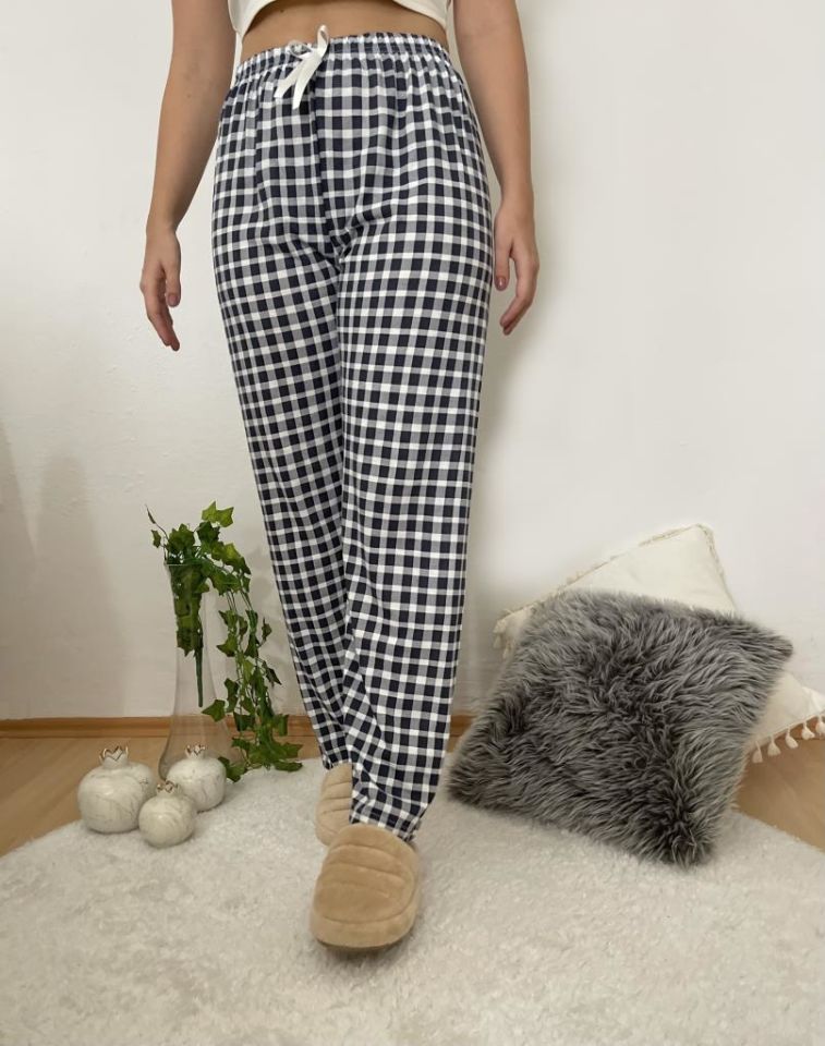 Betimoda Kadın Pijama Altı Kurdeleli Beyaz Siyah Kare Lacivert Beyaz Kare - 3XL