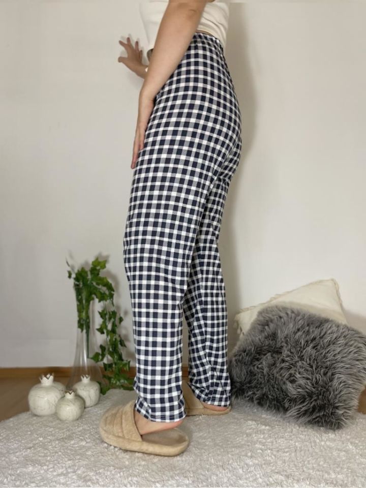 Betimoda Kadın Pijama Altı Kurdeleli Beyaz Siyah Kare Lacivert Beyaz Kare - 3XL
