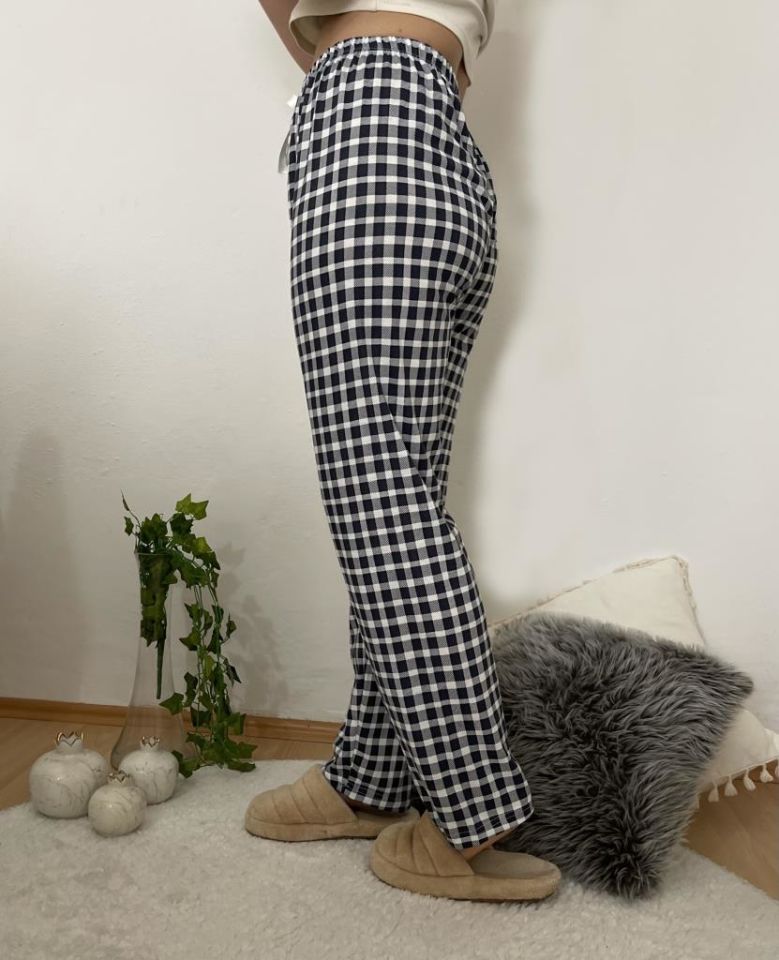 Betimoda Kadın Pijama Altı Kurdeleli Beyaz Siyah Kare Lacivert Beyaz Kare - 3XL