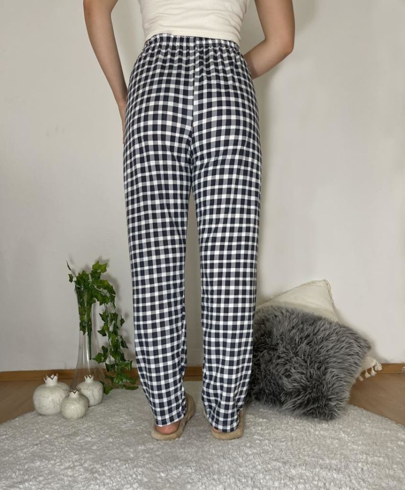 Betimoda Kadın Pijama Altı Kurdeleli Beyaz Siyah Kare Lacivert Beyaz Kare - 3XL