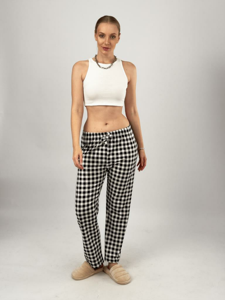 Kadın Kadife Pijama Altı Eşofman Pamuklu 4XL - Siyah Pötikare