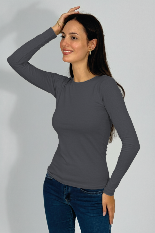 Kadın Uzun Kollu Bisiklet Yaka Body 1 Adet Füme - L/XL