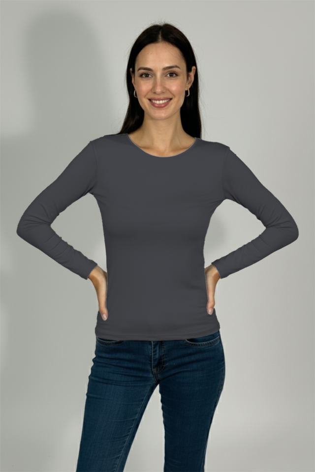 Kadın Uzun Kollu Bisiklet Yaka Body 1 Adet Füme - S/M