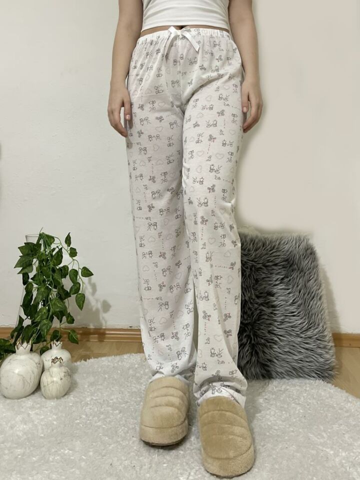 Betimoda Kadın Pijama Altı Kurdeleli Beyaz Siyah Kare Beyaz Çöp Adam - S