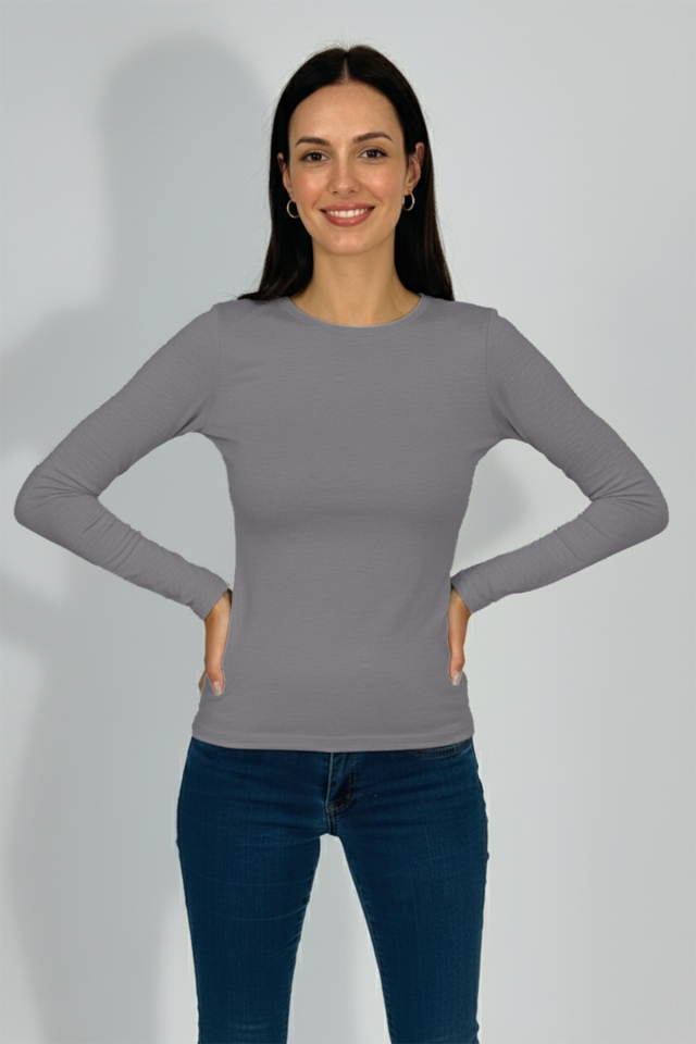 Kadın Uzun Kollu Bisiklet Yaka Body 1 Adet GRİ - S/M