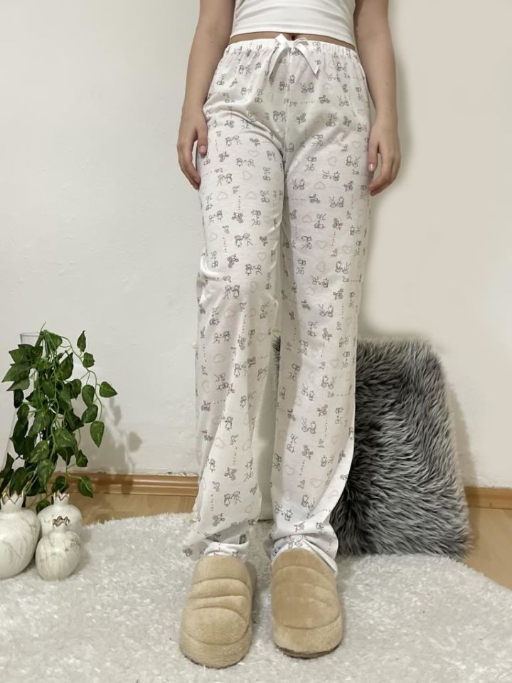 Betimoda Kadın Pijama Altı Kurdeleli Beyaz Siyah Kare Beyaz Çöp Adam - M