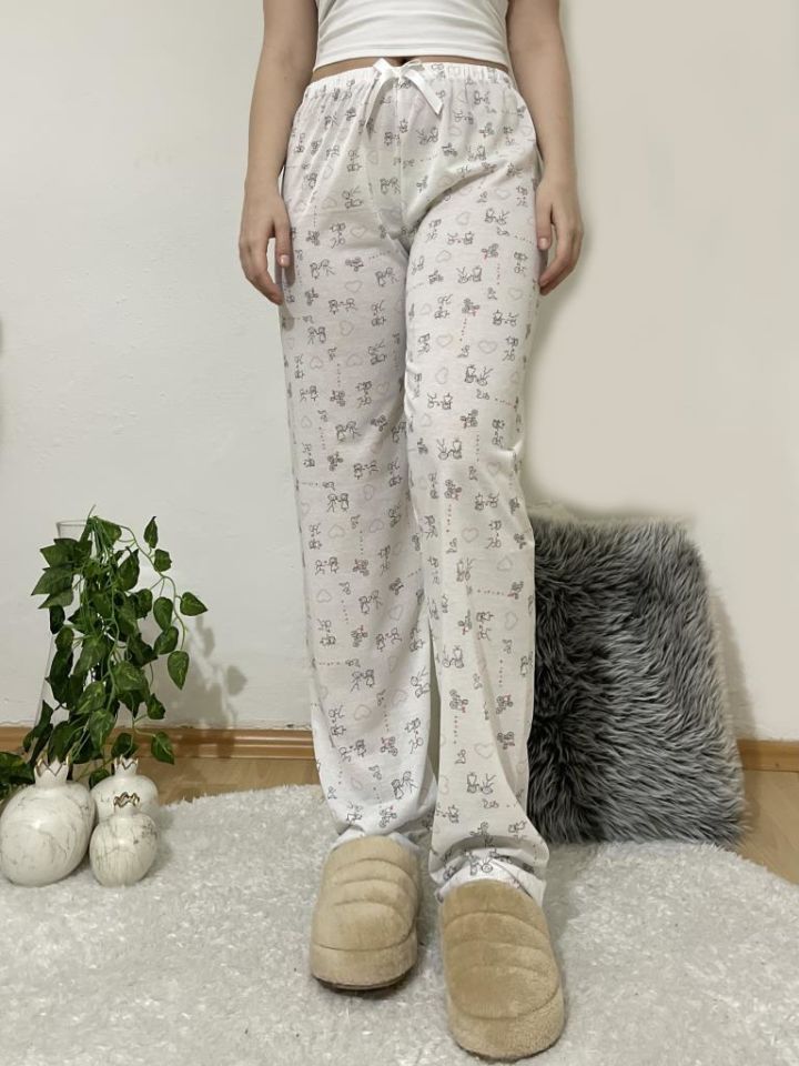 Betimoda Kadın Pijama Altı Kurdeleli Beyaz Siyah Kare Beyaz Çöp Adam - M