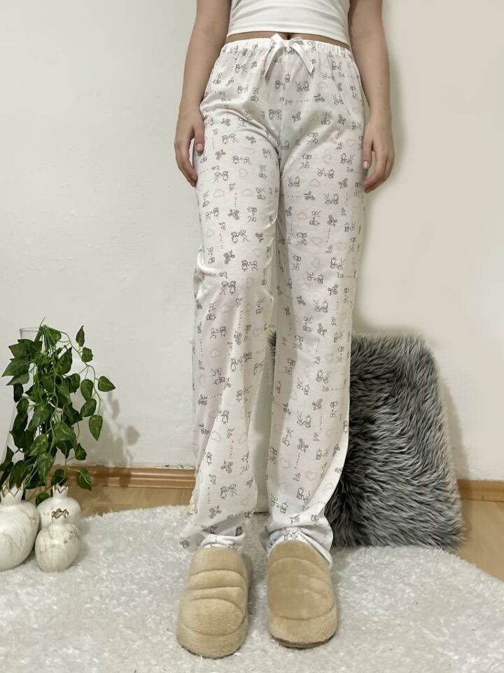 Betimoda Kadın Pijama Altı Kurdeleli Beyaz Siyah Kare Beyaz Çöp Adam - XL