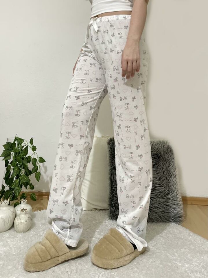Betimoda Kadın Pijama Altı Kurdeleli Beyaz Siyah Kare Beyaz Çöp Adam - XL