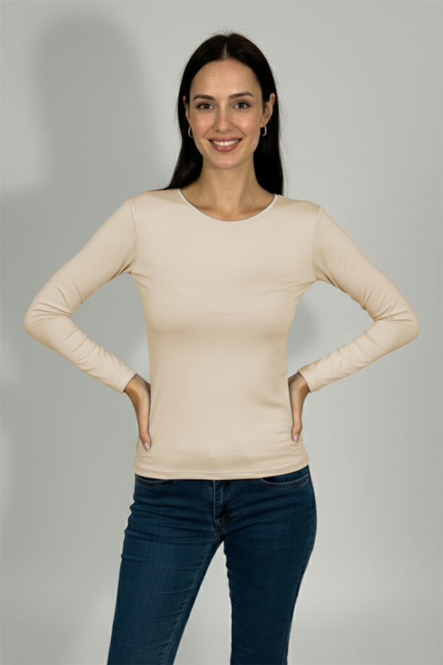 Kadın Uzun Kollu Bisiklet Yaka Body 1 Adet BEJ - L/XL