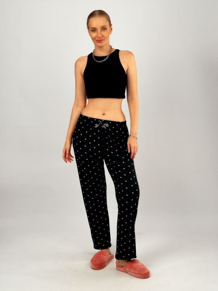 Kadın Kadife Pijama Altı Eşofman Pamuklu S - Siyah Pembe
