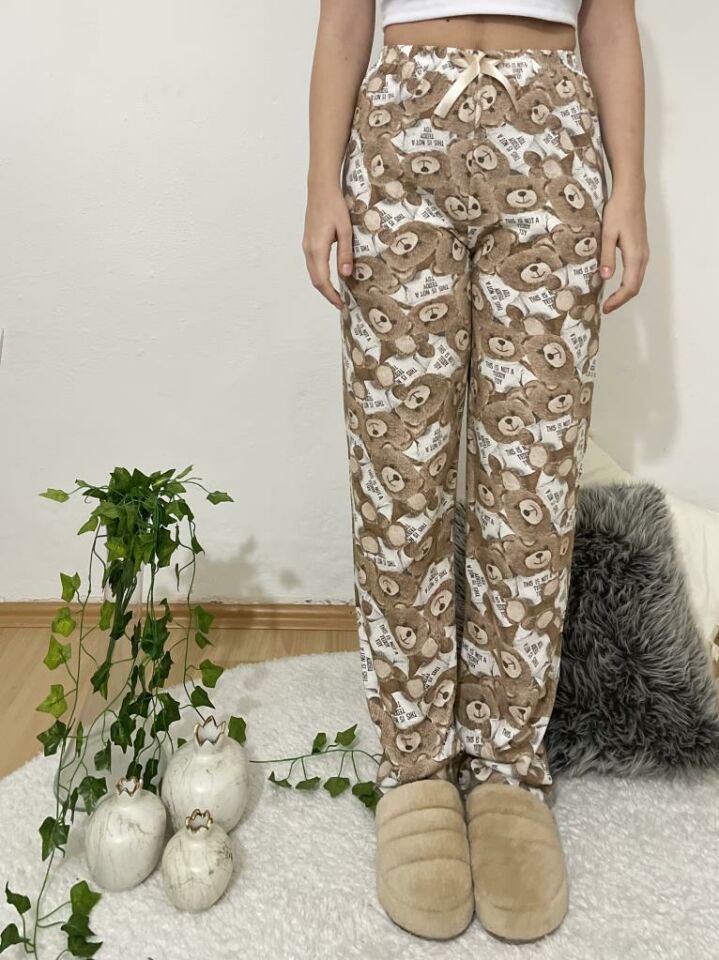 Betimoda Kadın Pijama Altı Kurdeleli Beyaz Siyah Kare Kahve Beyaz Ayıcık - XL