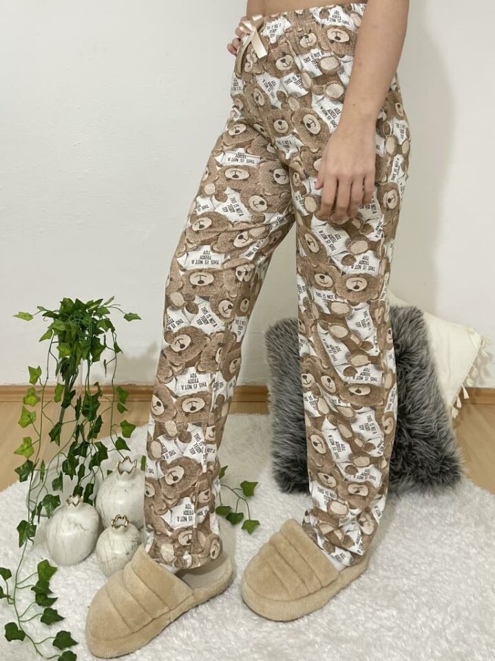 Betimoda Kadın Pijama Altı Kurdeleli Beyaz Siyah Kare Kahve Beyaz Ayıcık - XL