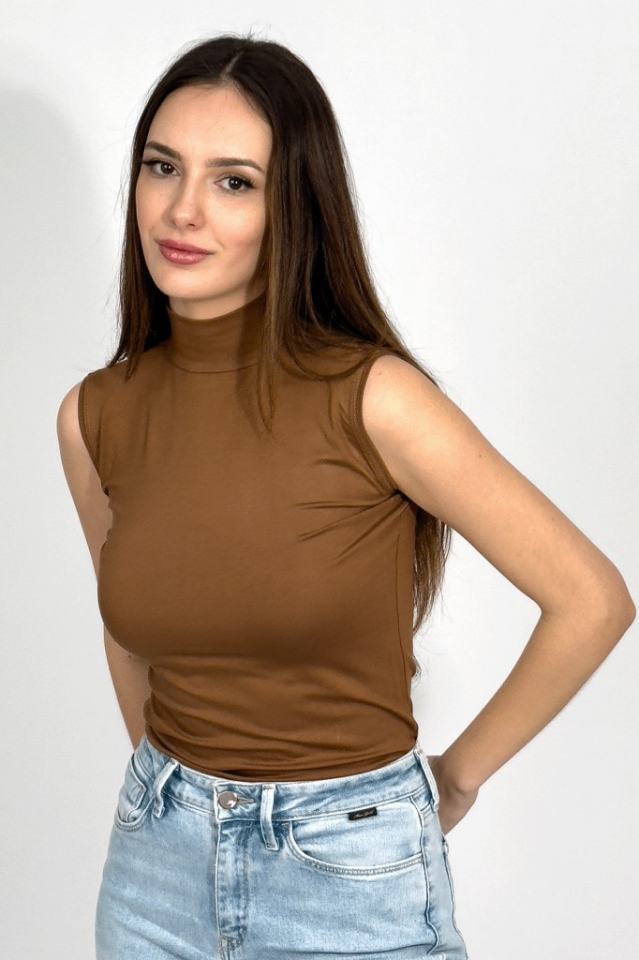 Kadın Sıfır Kol Yarım Balıkçı Yaka Body 1 Adet TABA - S/M