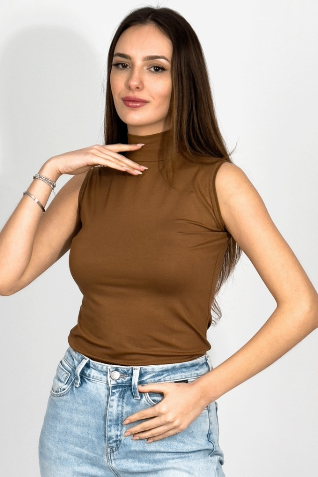 Kadın Sıfır Kol Yarım Balıkçı Yaka Body 1 Adet TABA - L/XL