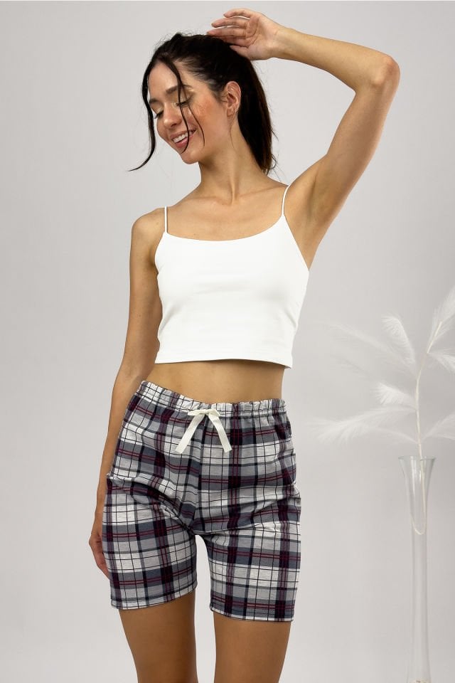 %100 Pamuk Kadın Yüksek Bel Dört Mevsim Şort Pijama Beyaz Siyah Kare - XXL