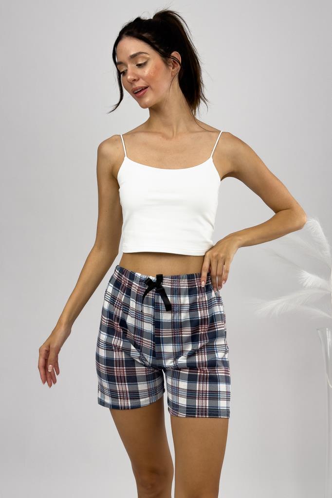 %100 Pamuk Kadın Yüksek Bel Dört Mevsim Şort Pijama Kahverengi Kare - S