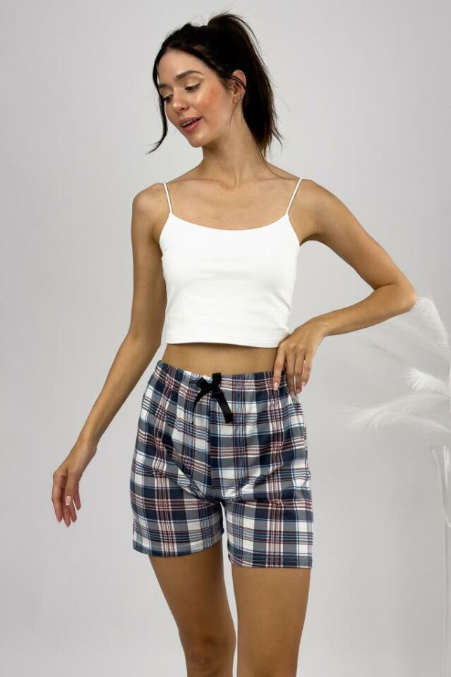 %100 Pamuk Kadın Yüksek Bel Dört Mevsim Şort Pijama Kahverengi Kare - S