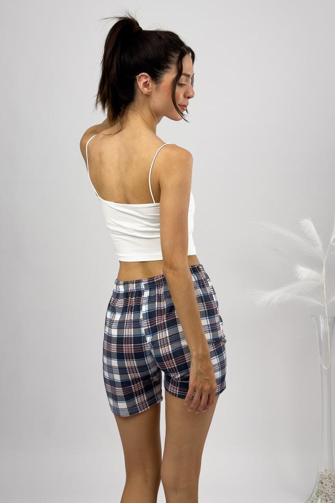 %100 Pamuk Kadın Yüksek Bel Dört Mevsim Şort Pijama Kahverengi Kare - S