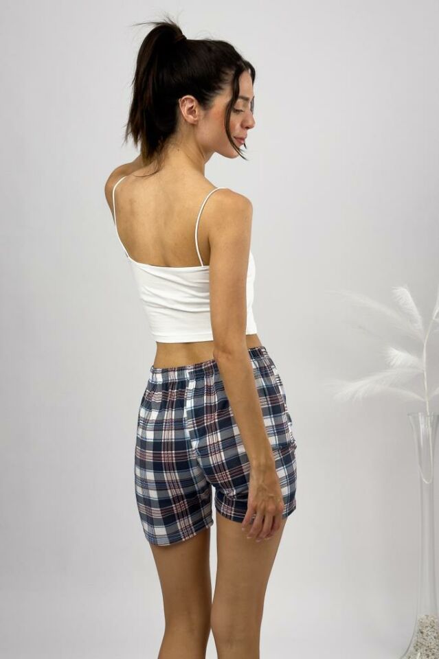 %100 Pamuk Kadın Yüksek Bel Dört Mevsim Şort Pijama Kahverengi Kare - S