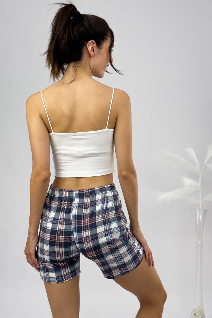 %100 Pamuk Kadın Yüksek Bel Dört Mevsim Şort Pijama Kahverengi Kare - S