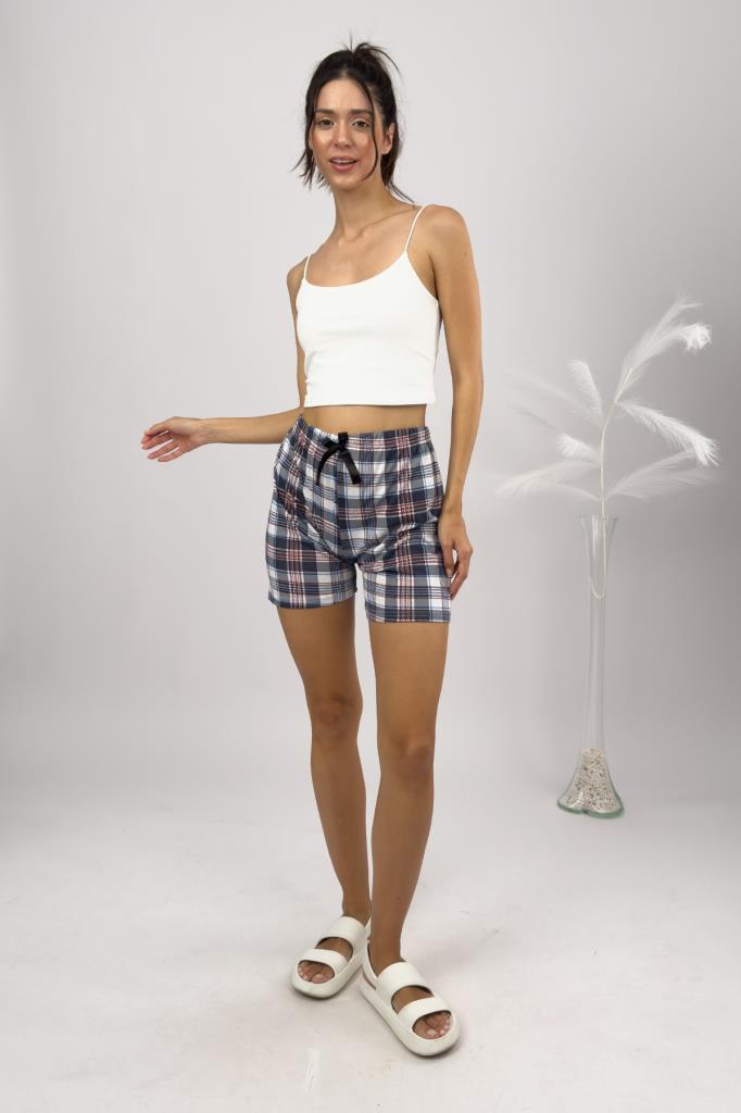 %100 Pamuk Kadın Yüksek Bel Dört Mevsim Şort Pijama Kahverengi Kare - S