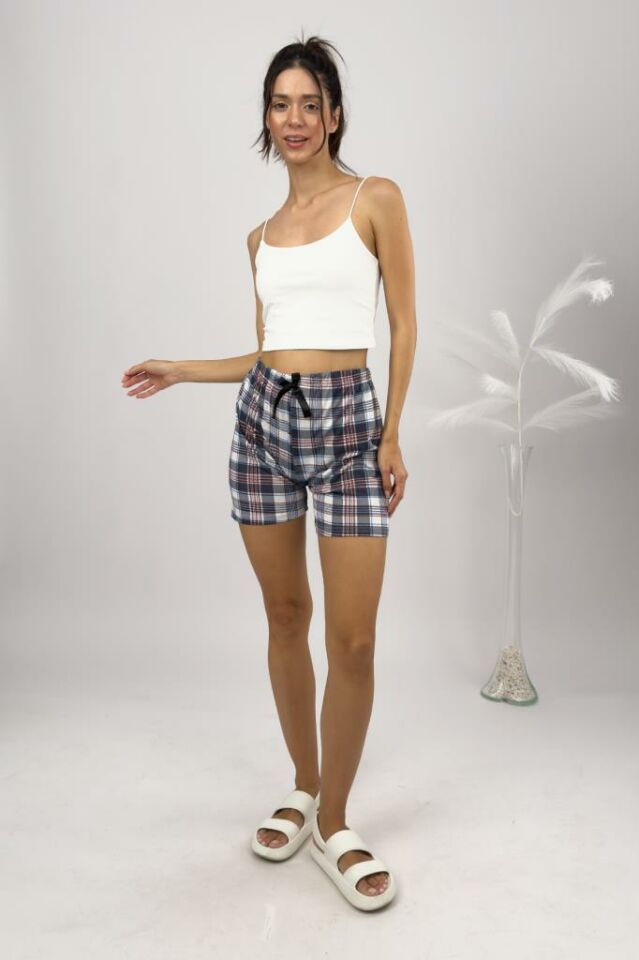 %100 Pamuk Kadın Yüksek Bel Dört Mevsim Şort Pijama Kahverengi Kare - S