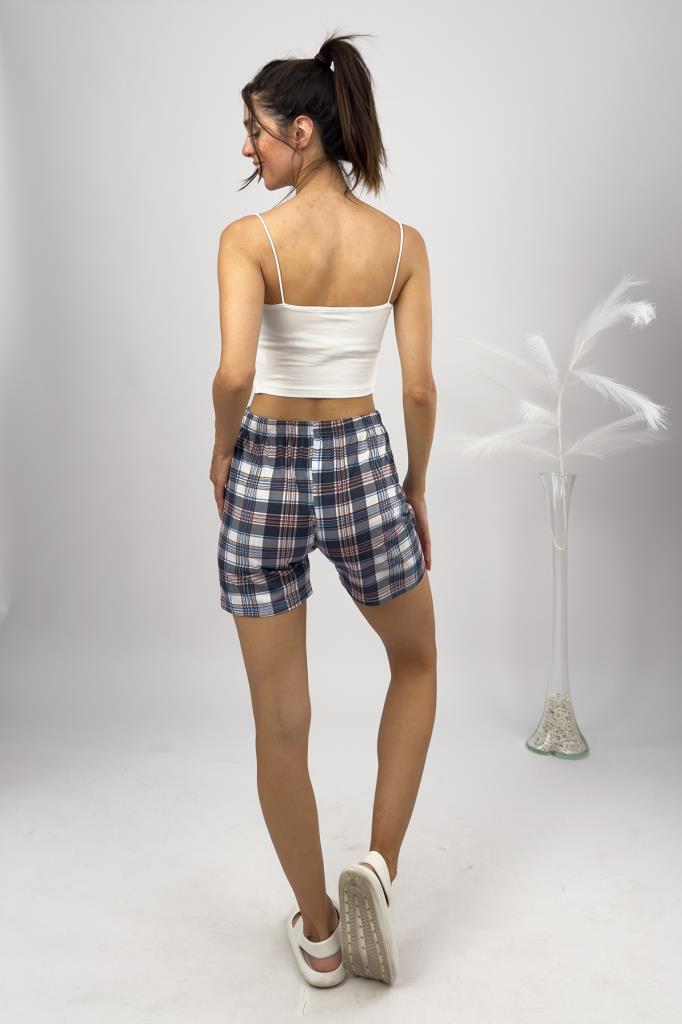 %100 Pamuk Kadın Yüksek Bel Dört Mevsim Şort Pijama Kahverengi Kare - S