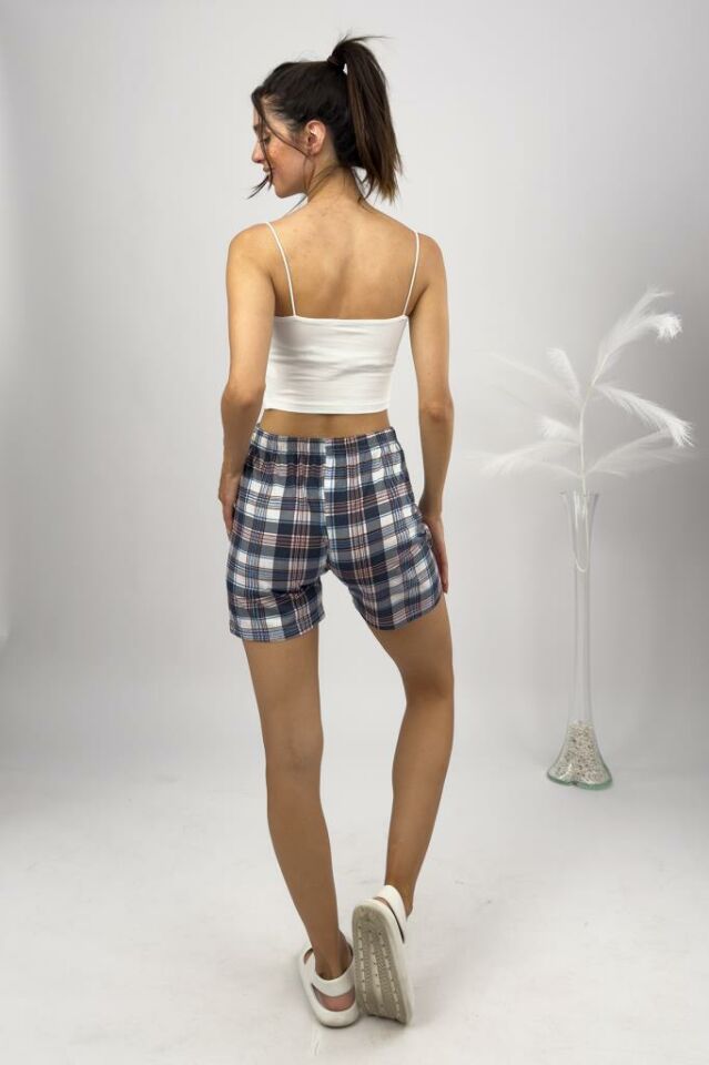 %100 Pamuk Kadın Yüksek Bel Dört Mevsim Şort Pijama Kahverengi Kare - S