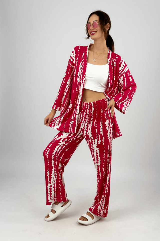 Kadın Likralı Bürümcük Kumaş Salaş Bol Paça Palazzo Pantolon Yazlık 2li Alt-Üst Takım