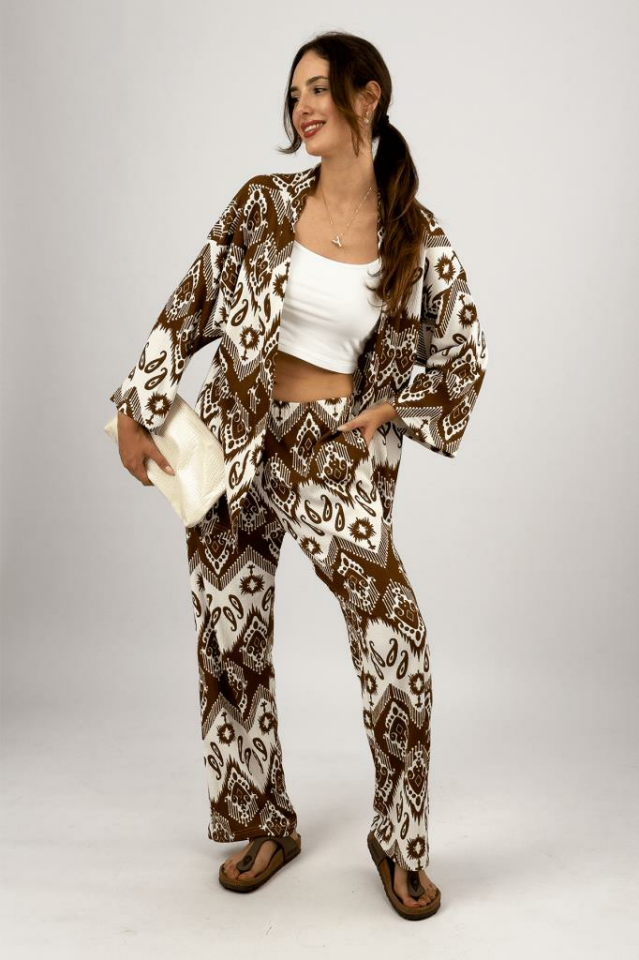 Kadın Likralı Bürümcük Kumaş Salaş Bol Paça Palazzo Pantolon Yazlık 2li Alt-Üst Takım KAHVERENGİ - S