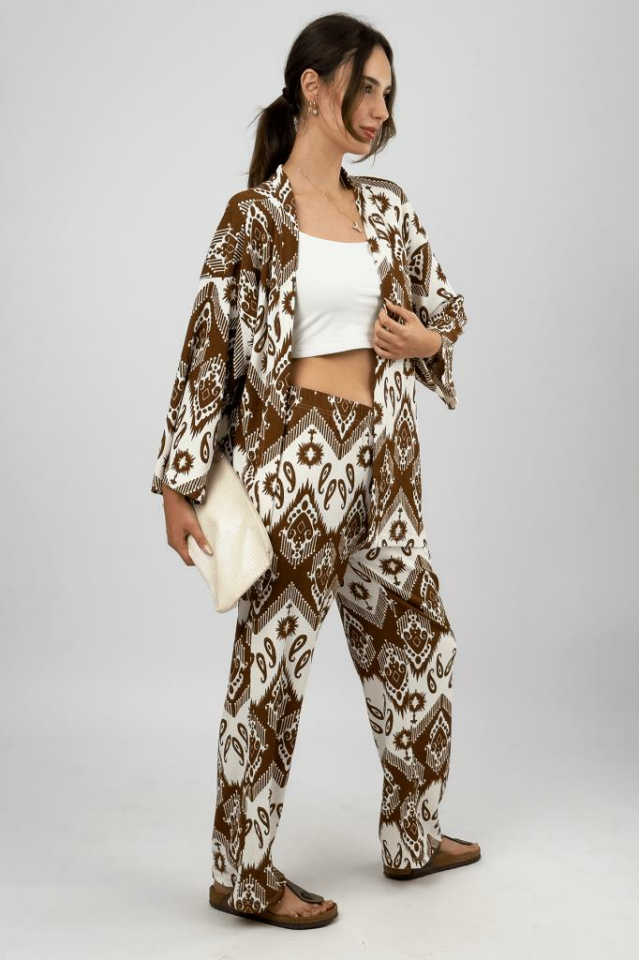 Kadın Likralı Bürümcük Kumaş Salaş Bol Paça Palazzo Pantolon Yazlık 2li Alt-Üst Takım KAHVERENGİ - S