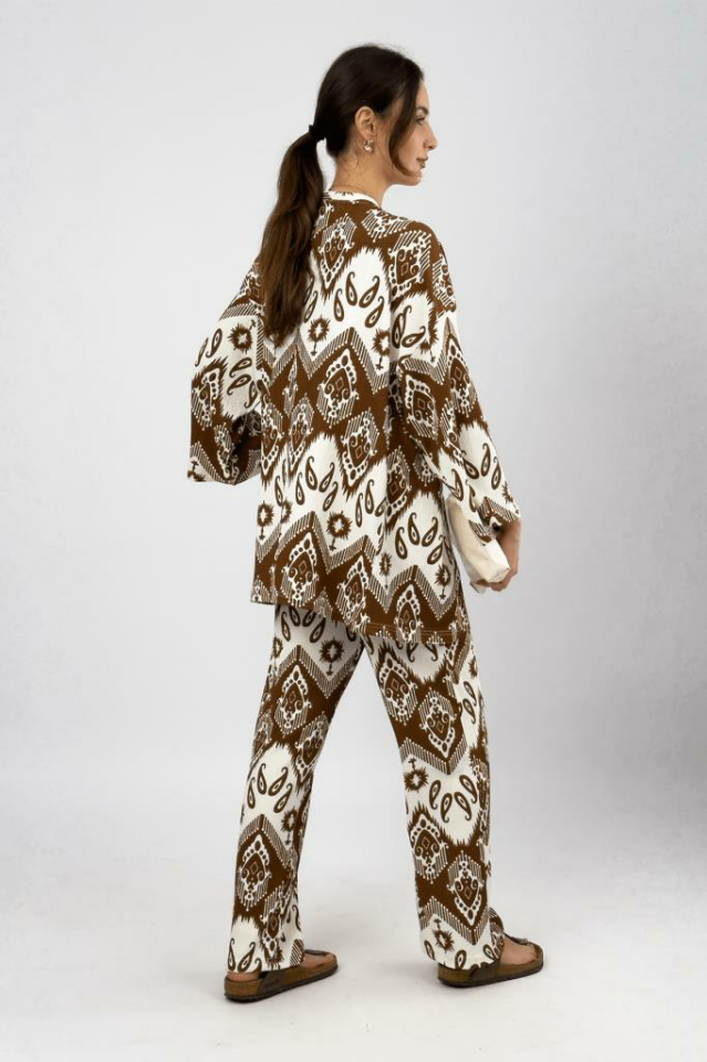 Kadın Likralı Bürümcük Kumaş Salaş Bol Paça Palazzo Pantolon Yazlık 2li Alt-Üst Takım KAHVERENGİ - S