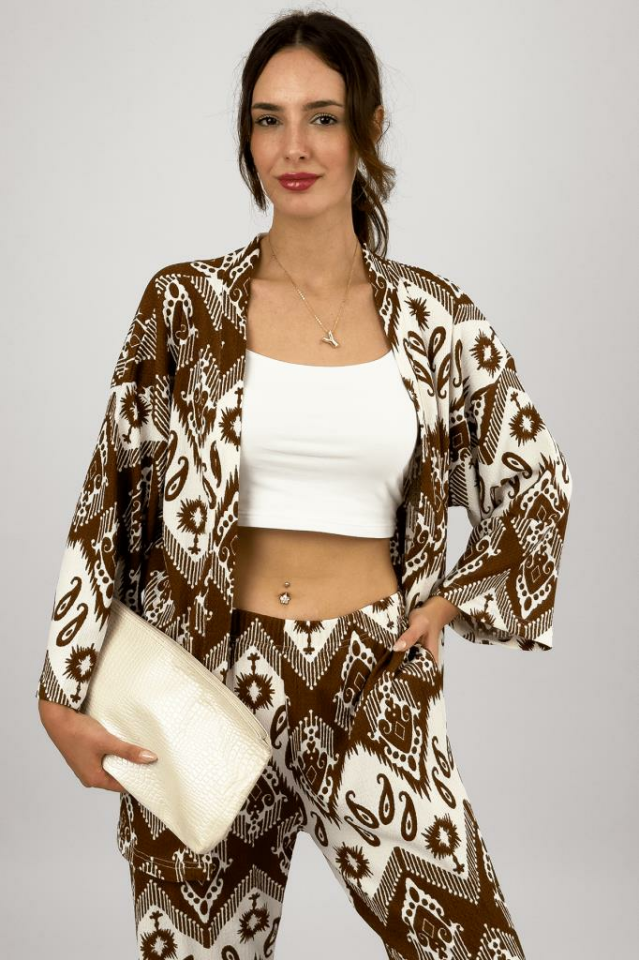 Kadın Likralı Bürümcük Kumaş Salaş Bol Paça Palazzo Pantolon Yazlık 2li Alt-Üst Takım KAHVERENGİ - S