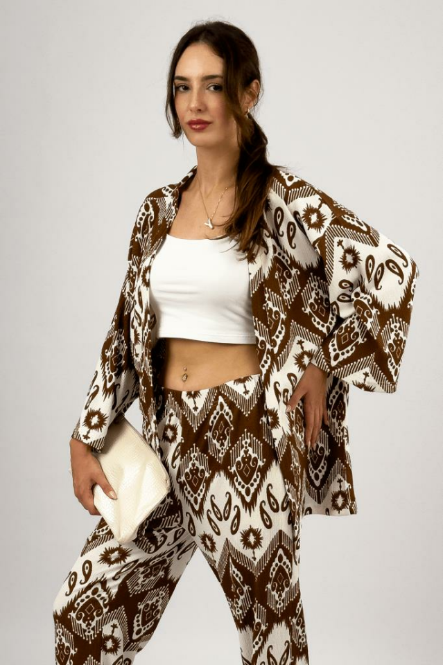 Kadın Likralı Bürümcük Kumaş Salaş Bol Paça Palazzo Pantolon Yazlık 2li Alt-Üst Takım KAHVERENGİ - S