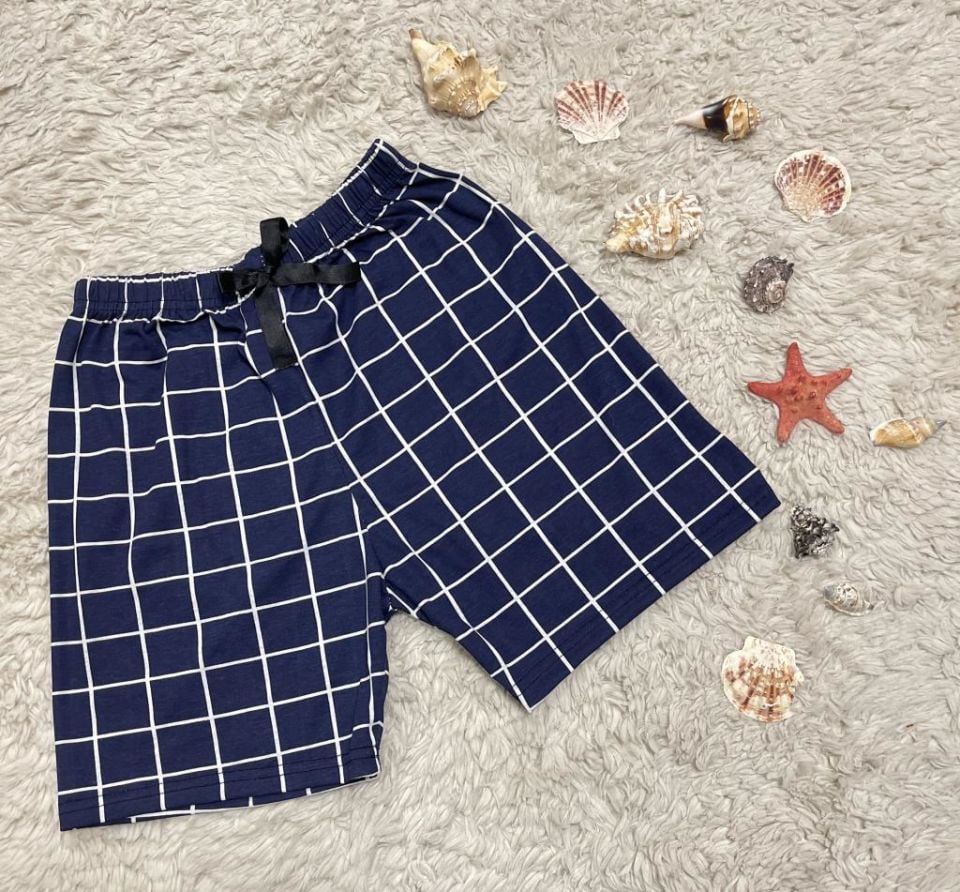 %100 Pamuk Kadın Yüksek Bel Dört Mevsim Şort Pijama Beyaz Çizgili - S