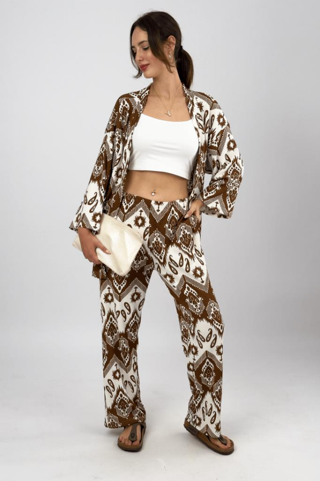 Kadın Likralı Bürümcük Kumaş Salaş Bol Paça Palazzo Pantolon Yazlık 2li Alt-Üst Takım KAHVERENGİ - L