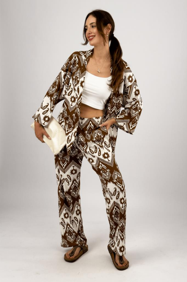Kadın Likralı Bürümcük Kumaş Salaş Bol Paça Palazzo Pantolon Yazlık 2li Alt-Üst Takım KAHVERENGİ - L