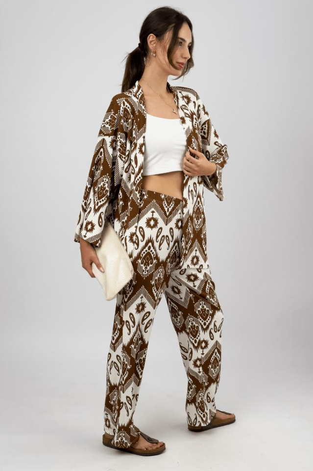 Kadın Likralı Bürümcük Kumaş Salaş Bol Paça Palazzo Pantolon Yazlık 2li Alt-Üst Takım KAHVERENGİ - L