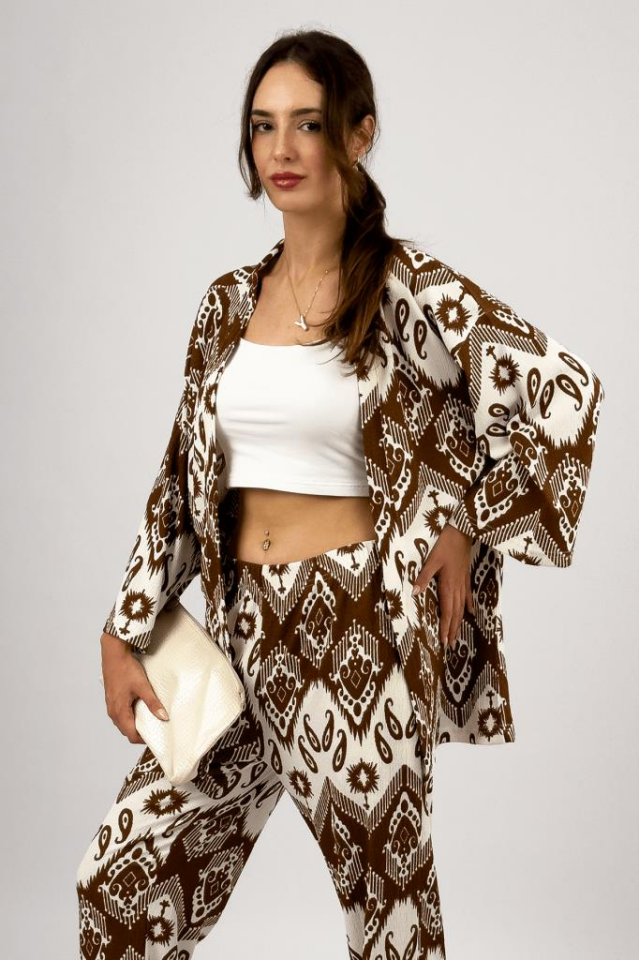 Kadın Likralı Bürümcük Kumaş Salaş Bol Paça Palazzo Pantolon Yazlık 2li Alt-Üst Takım KAHVERENGİ - L