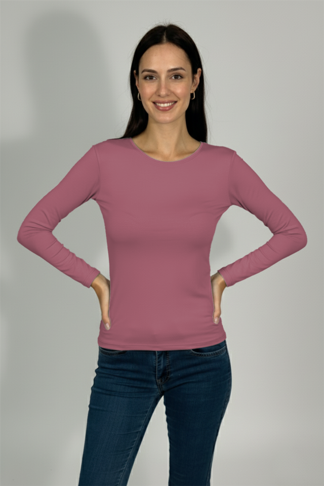 Kadın Uzun Kollu Bisiklet Yaka Body 1 Adet Gül Kurusu - L-XL