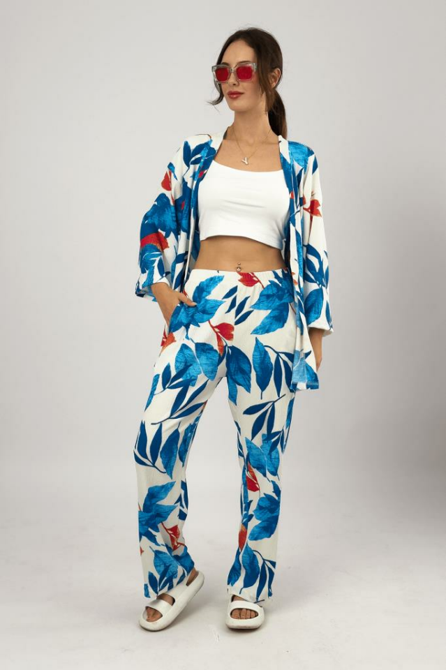 Kadın Likralı Bürümcük Kumaş Salaş Bol Paça Palazzo Pantolon Yazlık 2li Alt-Üst Takım LACİVERT - L