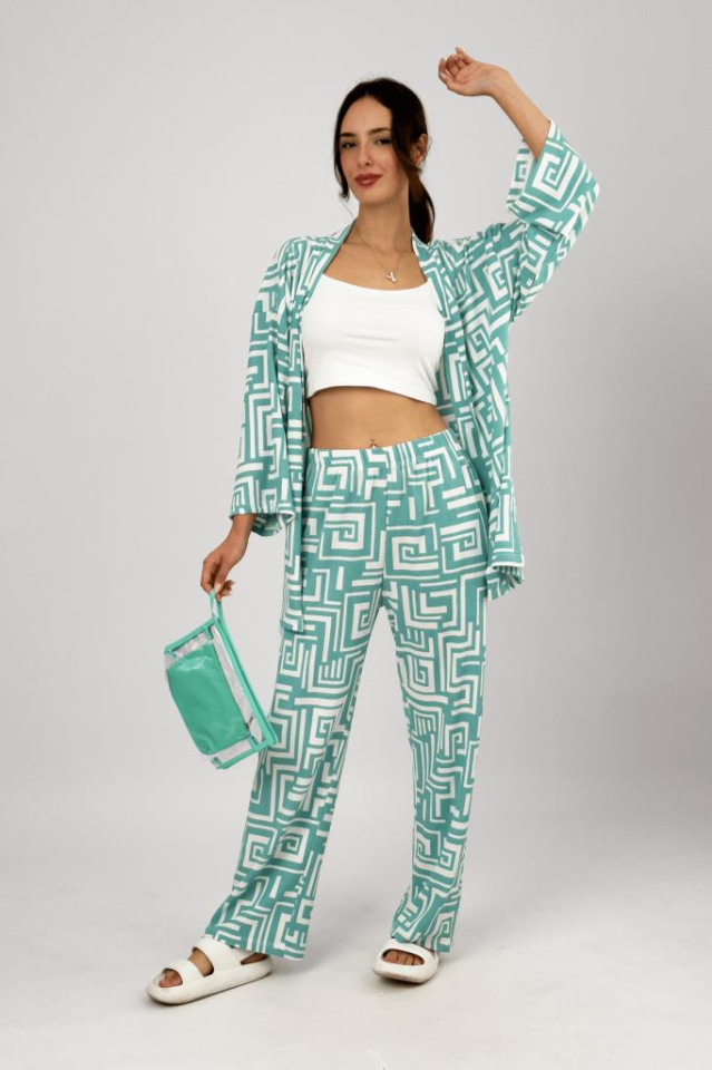 Kadın Likralı Bürümcük Kumaş Salaş Bol Paça Palazzo Pantolon Yazlık 2li Alt-Üst Takım Mint Yeşili - L