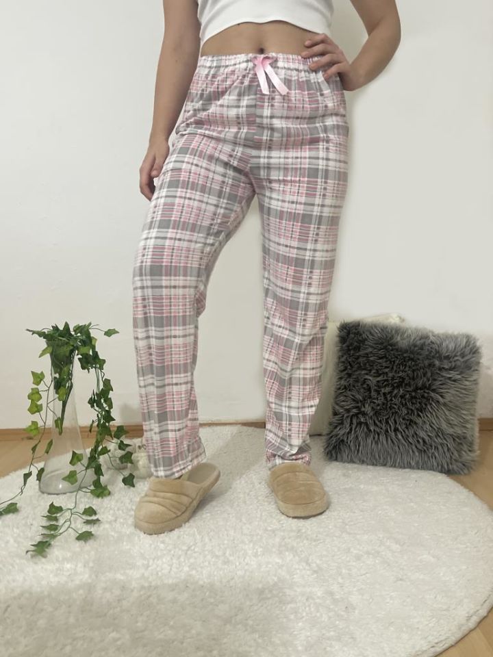 Betimoda Kadın Pijama Altı Kurdeleli Beyaz Siyah Kare Beyaz Pembe Gri Kare - XL