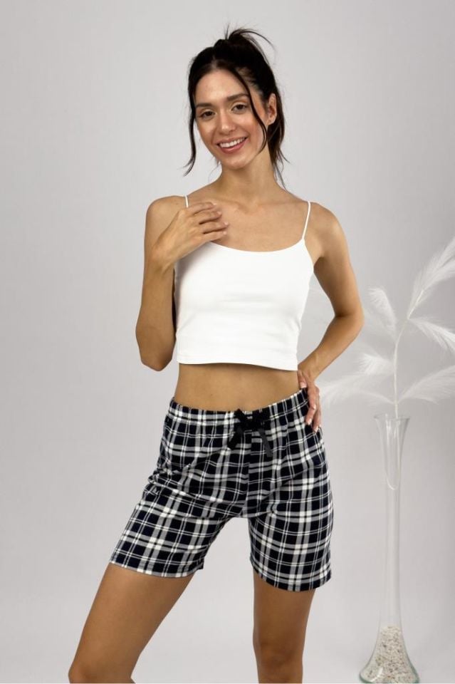 %100 Pamuk Kadın Yüksek Bel Dört Mevsim Şort Pijama Siyah Beyaz Kare - S