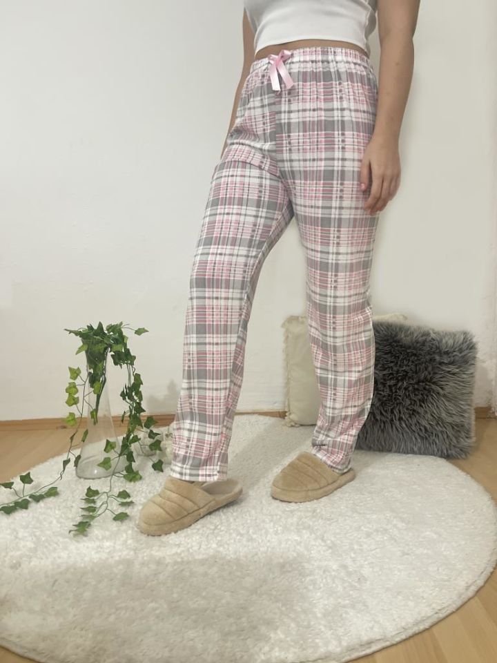 Betimoda Kadın Pijama Altı Kurdeleli Beyaz Siyah Kare Beyaz Pembe Gri Kare - XXL