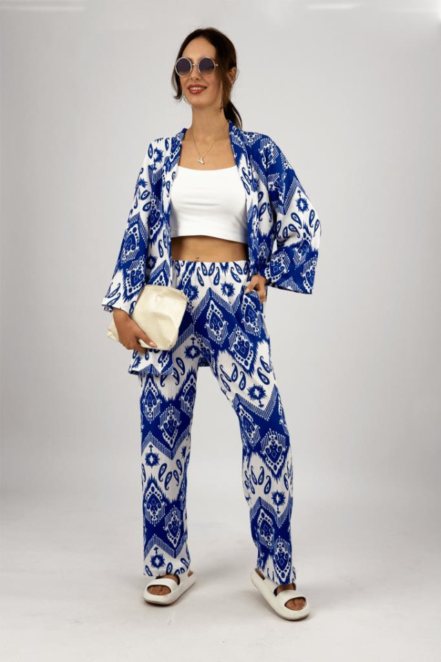 Kadın Likralı Bürümcük Kumaş Salaş Bol Paça Palazzo Pantolon Yazlık 2li Alt-Üst Takım L - Saks Mavi